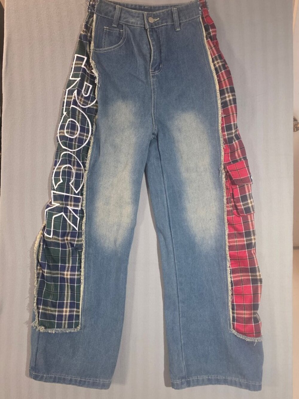 SHEIN Rock Patchwork Jeans Punk Grunge Plaid Wide Leg - Size S